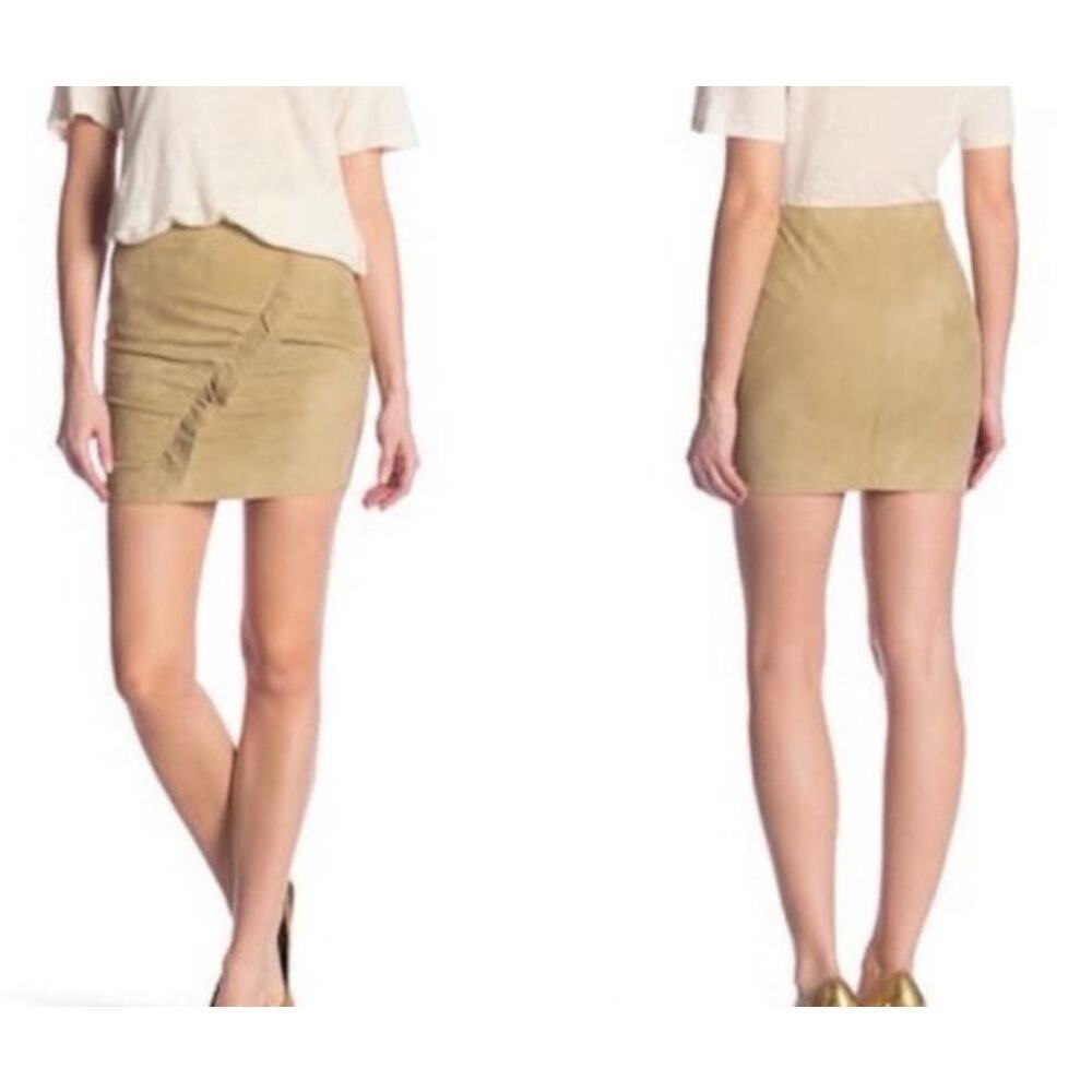 New IRO Paris Cerry Front Ruffle Suede Mini Skirt in Light Khaki Sz FR 34 / US 2